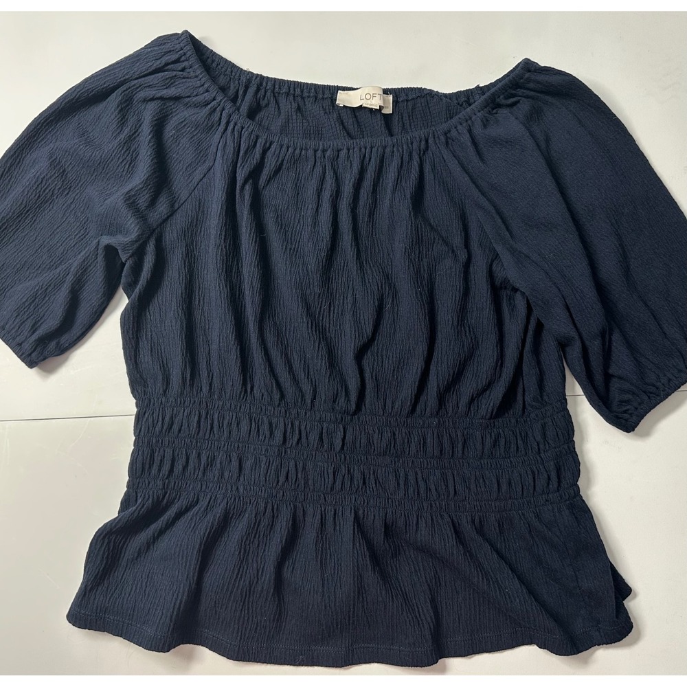 LOFT Navy Blue Smocked Waist Peplum Blouse Short Puff Sleeve Petite Small LP